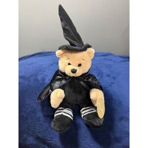 My Oli Plush Teddy Bear Witch Halloween Costume Black Cape Hat Striped Socks NWT